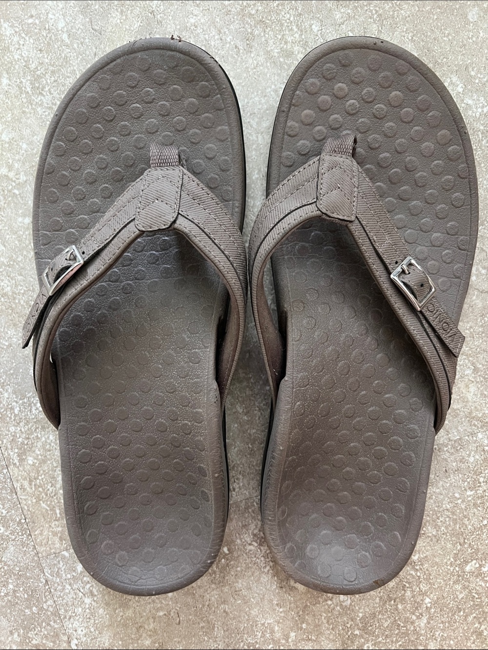 Vionic Taupe Textured Flip Flops with Silver Buckle